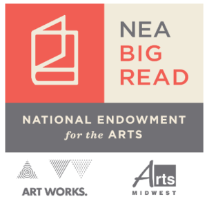 National Endowment for the Arts BIG READ logo with drawing of a book. Art works. Arts Midwest.