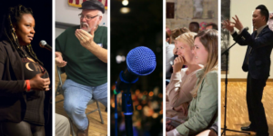 A collage of images from Ex Fabula events: an elegant Black woman at a microphone; an older white man at a workshop; a microphone; two young white women laughing; a young Asian man in a suit, standing a mic. 