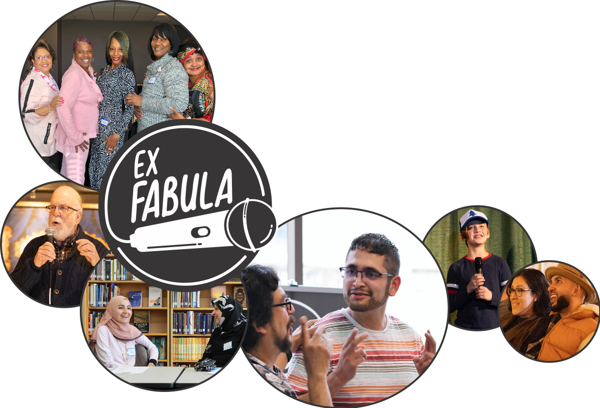 Ex Fabula logo plus 6 circles with photos of participants of all different ages, races, backgrounds, religions