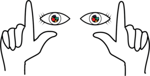 A drawing of hands held in the 'L' position with two eyes in between. The eyes have multicolored circles in the irises.