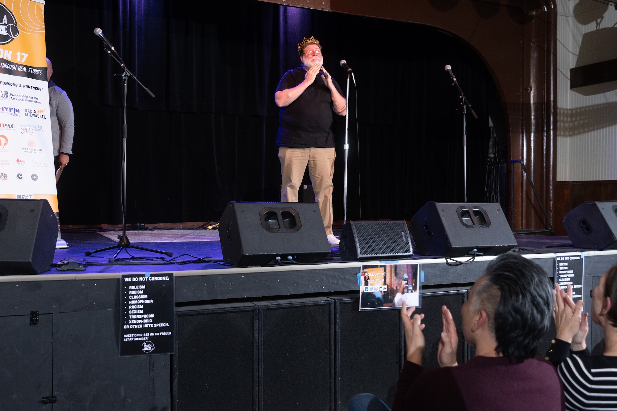 Photo of Mark Steidl wearing a crown after winning audience favorite at StorySlam: Date Night