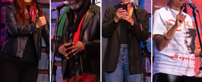 Collage of four storytellers from the February 2026 AfterDark: For the Culture event at Radio Milwaukee. From left to right: Yomarie Castellano, B. Wyzdom, LIV, and Shelly Conley.