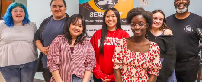 Image of youth storytellers with coach Shawn Mitchell from Teen StorySlam: And I Oop.